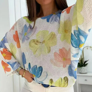 L37 Loowie White Floral  Round Knit Printed Sweater  One Size